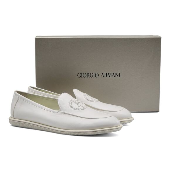 Giorgio Armani Vintage Nappa Leather Loafers with Embroidered Logo White $1150 - Picture 1 of 11